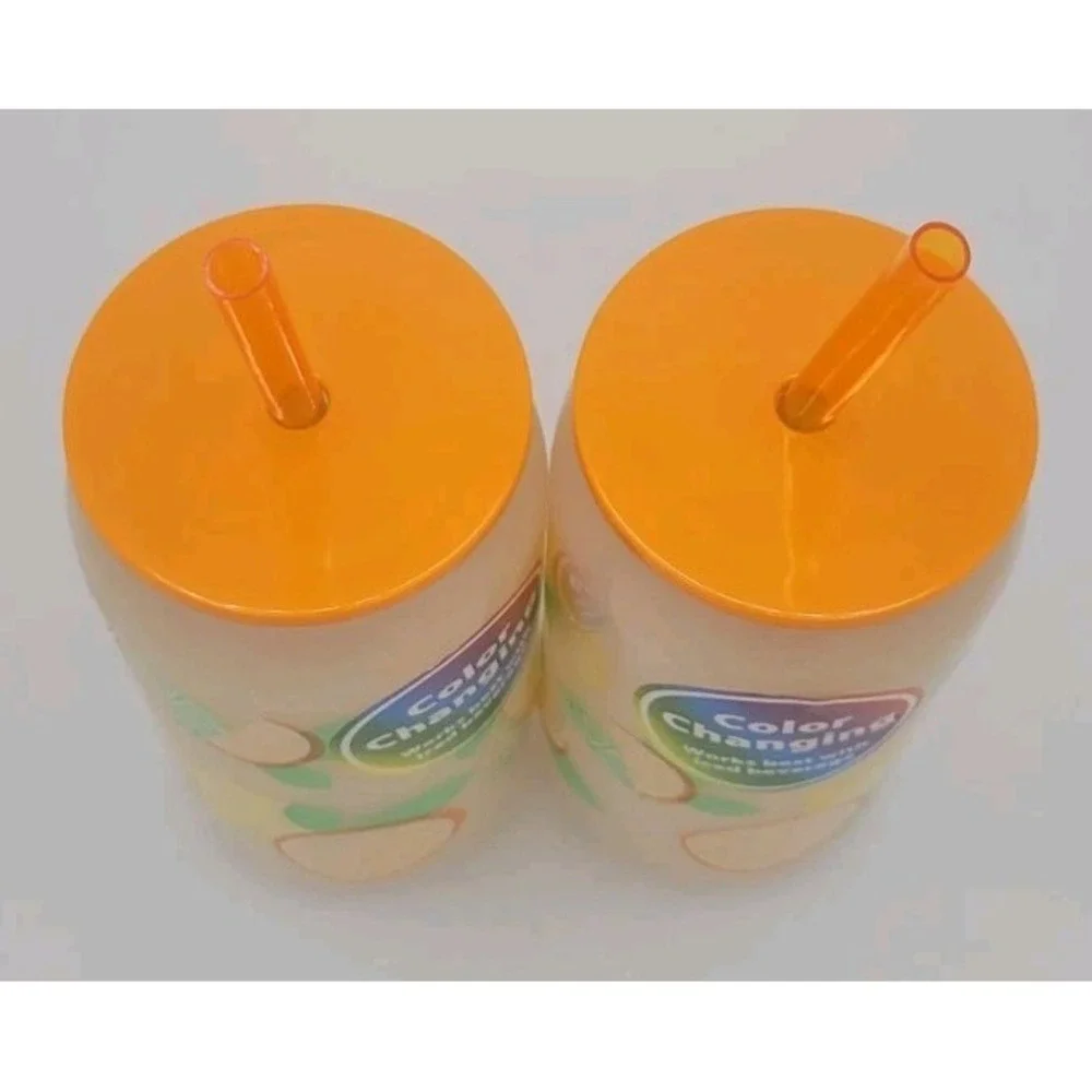 NEW Set Of 2 - 20oz Color Changing Tumbler Lid Straw Orange Summer Fruit